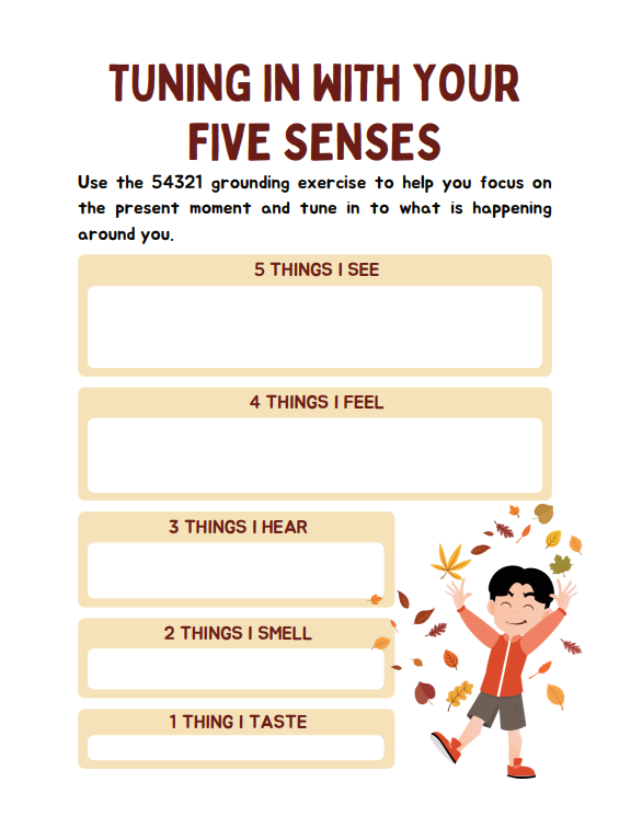 Mindfulness journal page for kids focusing on grounding techniques using the five senses.