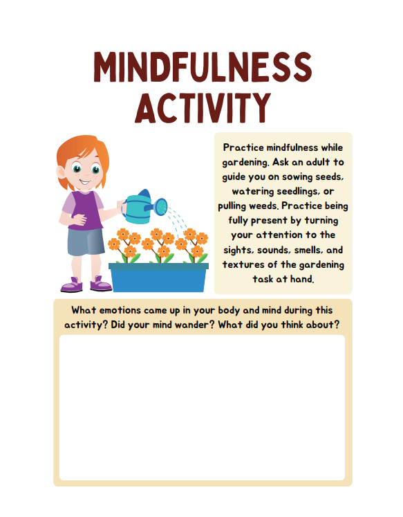 Mindfulness activity page for kids featuring gardening task for emotional awareness.