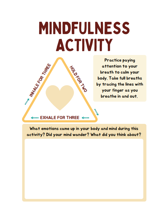 Mindfulness journal page for kids with breathing exercises and reflection prompts.