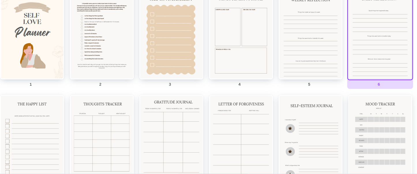 Self Love Planner PDF pages display: self-analysis, self-love checklist, mindfulness journal, weekly and daily reflections, gratitude journal, mood tracker, and more for personal growth.