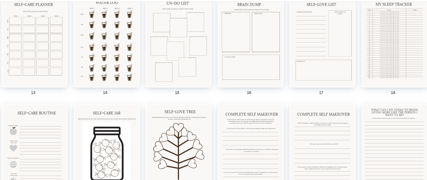 Self Love Planner with self-care layout, mood tracker, and self-reflection pages. Downloadable PDF format.