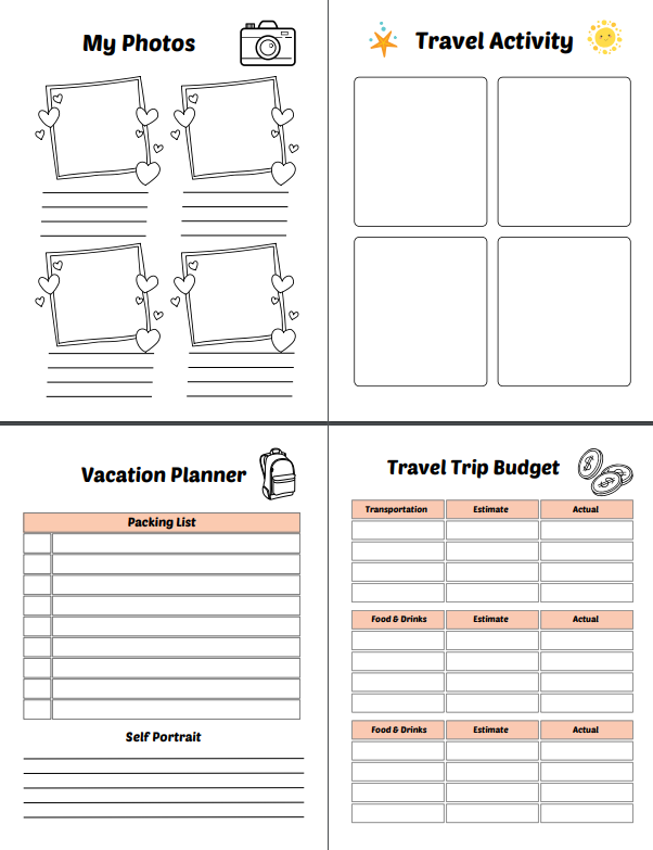 Children's travel journal pages with photo frames, travel activities, vacation planner, and trip budget sections.