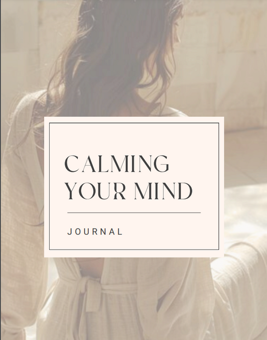 Calm Your Mind Journal cover with woman in soft lighting, promoting mindfulness journal and self-care activities.