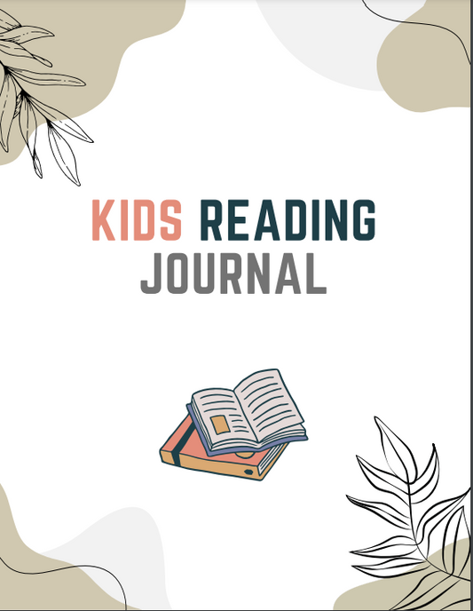 Children's reading journal cover with book illustration and leaf motifs.