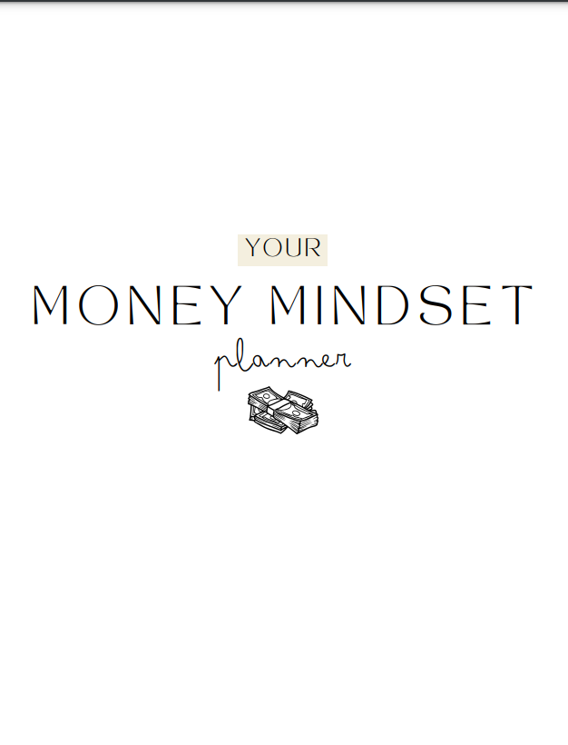 Budget tracker money mindset journal cover featuring "Your Money Mindset Planner" with a graphic of stacked cash.