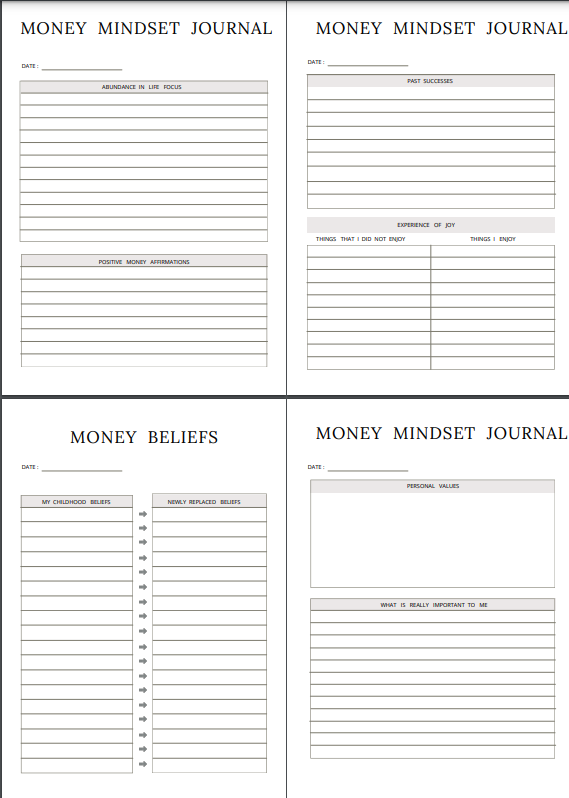 Budget tracker money mindset journal pages with sections for past successes, personal values, and money beliefs.