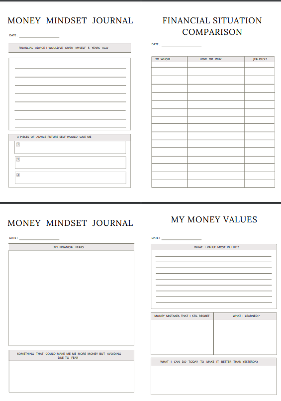 Budget tracker and money mindset journal pages with financial planning sections.