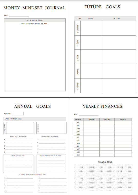 Budget tracker money mindset journal with goal planner and financial review sections.