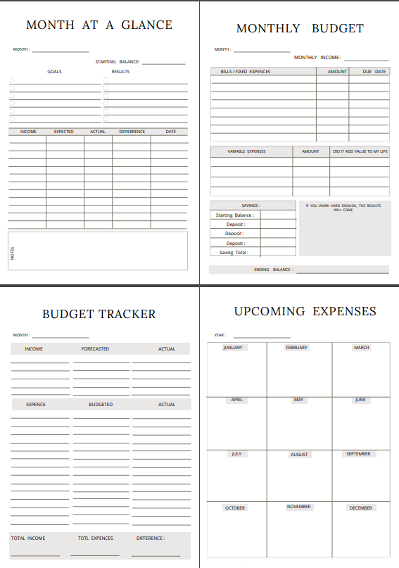 Budget tracker money mindset journal pages with monthly budget, upcoming expenses, and financial planning sections.