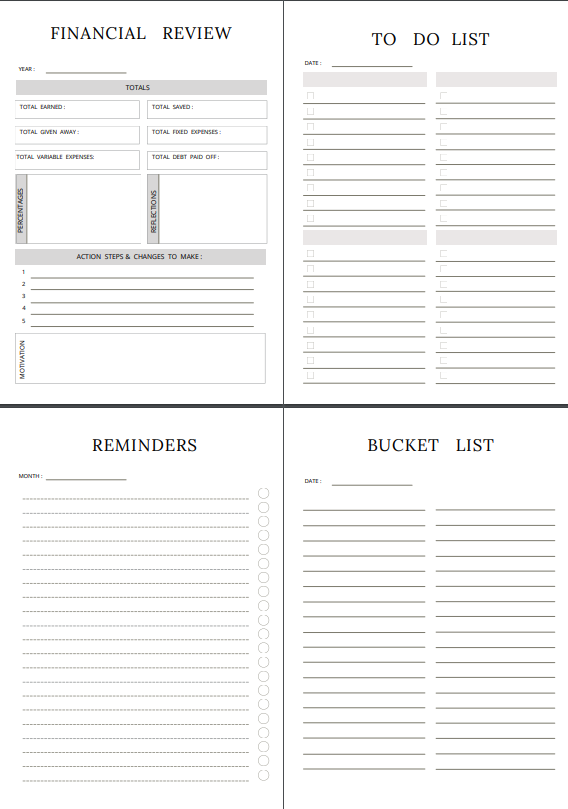 Budget tracker and money mindset journal pages with financial review, to-do list, reminders, and bucket list sections.