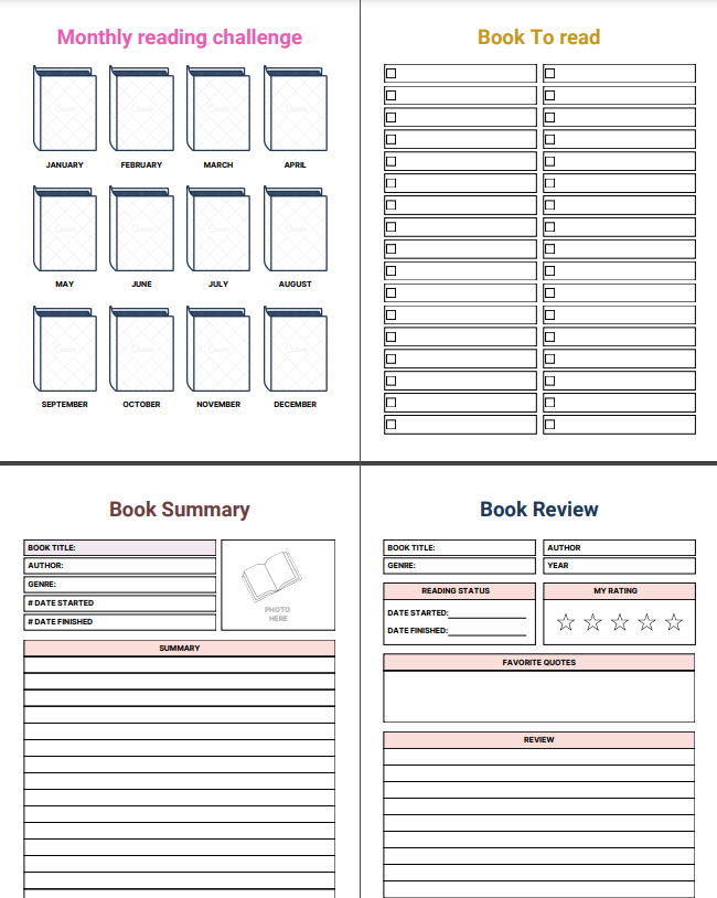 Children's reading journal PDF with reading lists, logs, challenges, and book reviews.