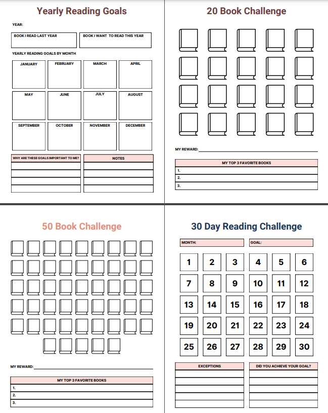 Children's reading journal with yearly goals, book challenges, and tracking sheets.