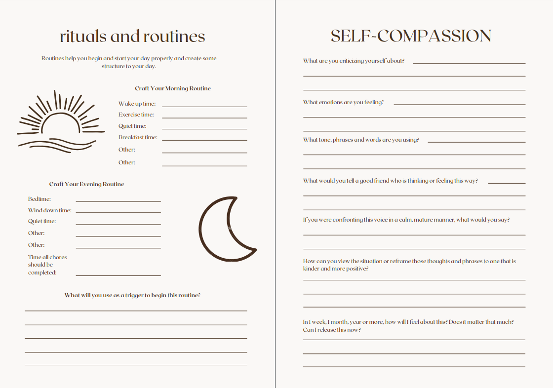 Rituals and routines planner alongside self-compassion mindfulness journaling page from Calm your mind Journal.