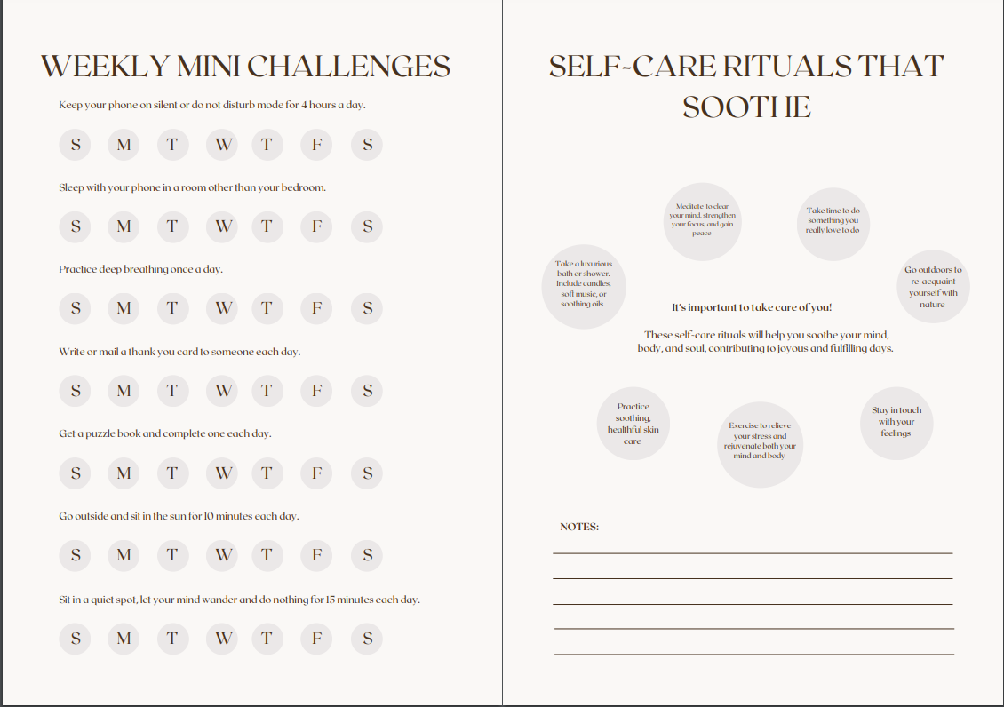 Calm your mind mindfulness journal with weekly mini challenges and self-care rituals for mindfulness and relaxation. Available as a printable PDF.