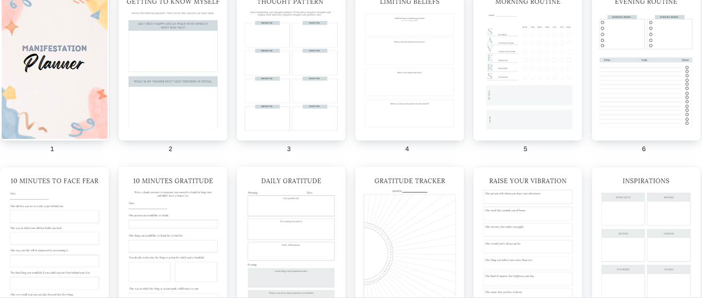 Manifestation Planner with worksheets for personal growth, gratitude, and goal setting.