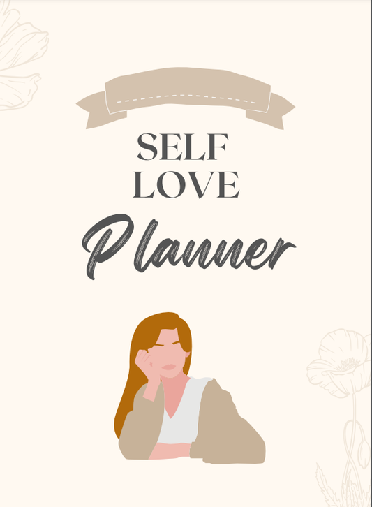 Self Love Planner cover with illustration of a woman sitting thoughtfully.