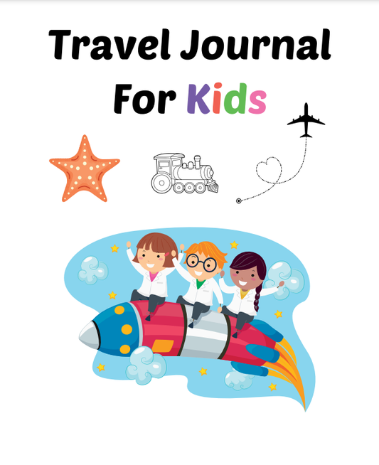 Children's travel journal for kids featuring playful illustrations with space and travel themes.