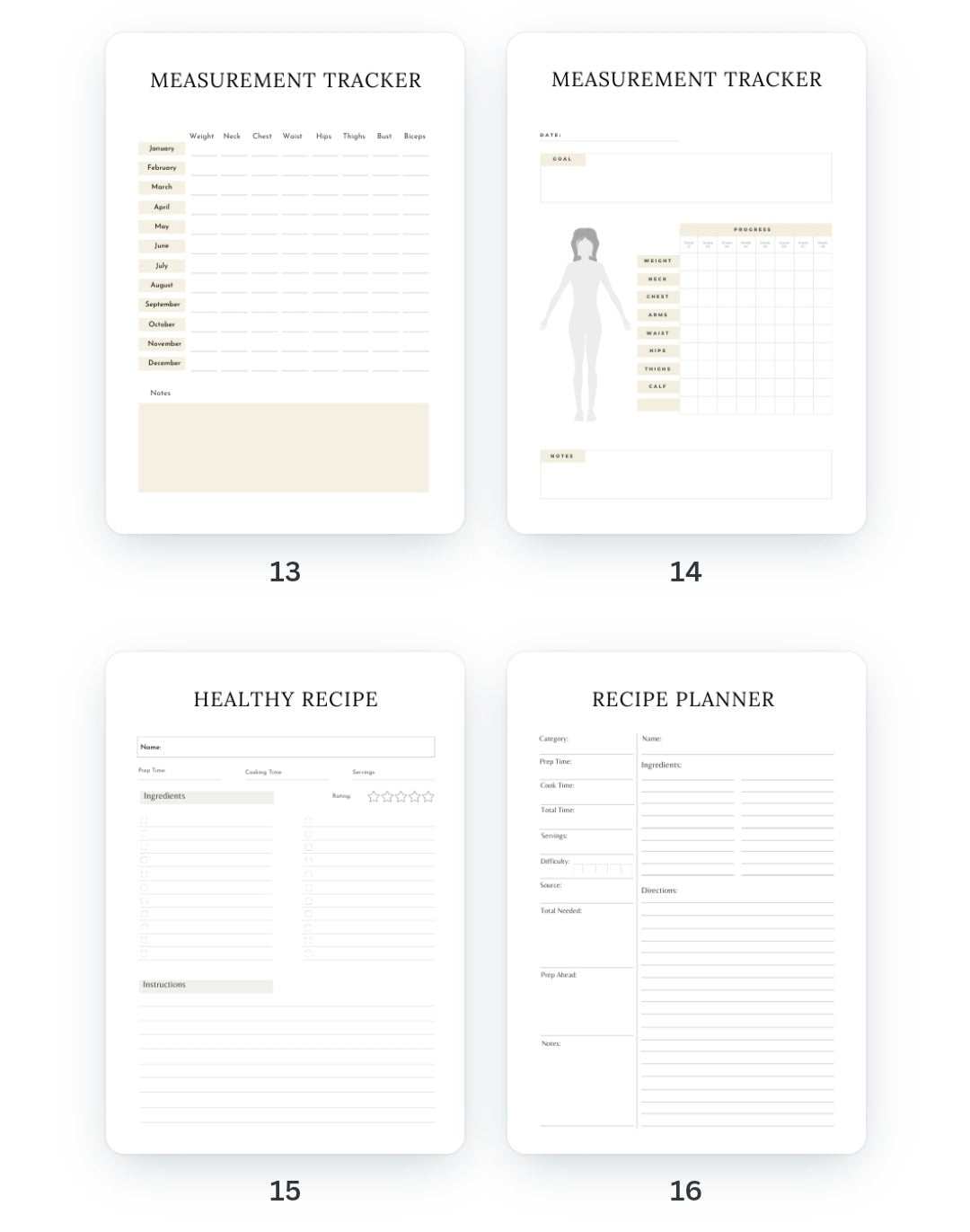 Weight Loss Journal with measurement tracker, recipe planner, and workout log pages.