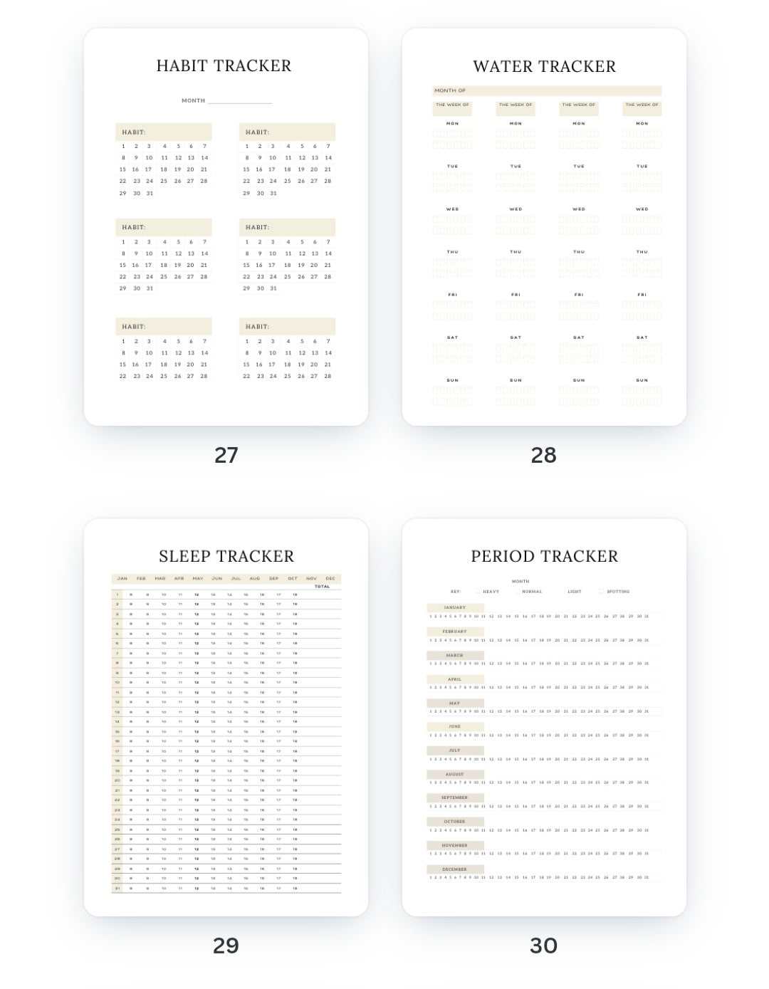 Habit, water, sleep, and period trackers in the Weight Loss Journal.