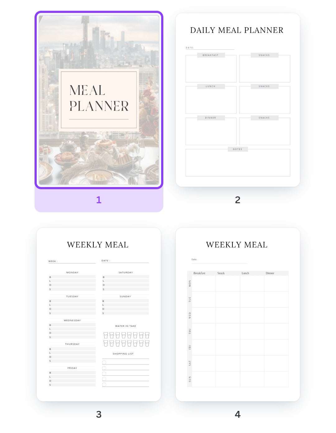 Meal Planner & Tracker pages showing daily and weekly meal planning templates.