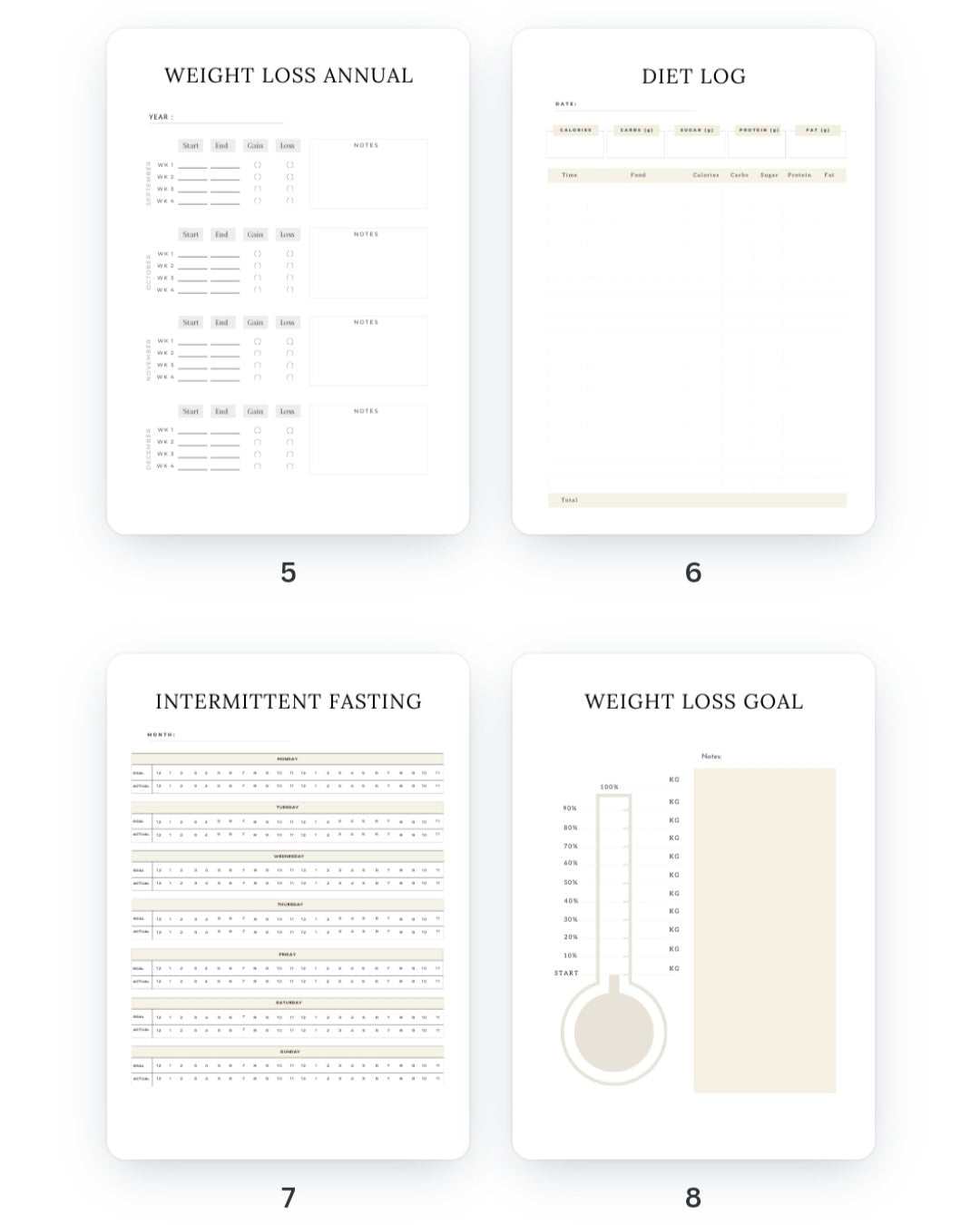 Weight Loss Journal featuring annual tracker, diet log, intermittent fasting planner, and weight loss goal setter.