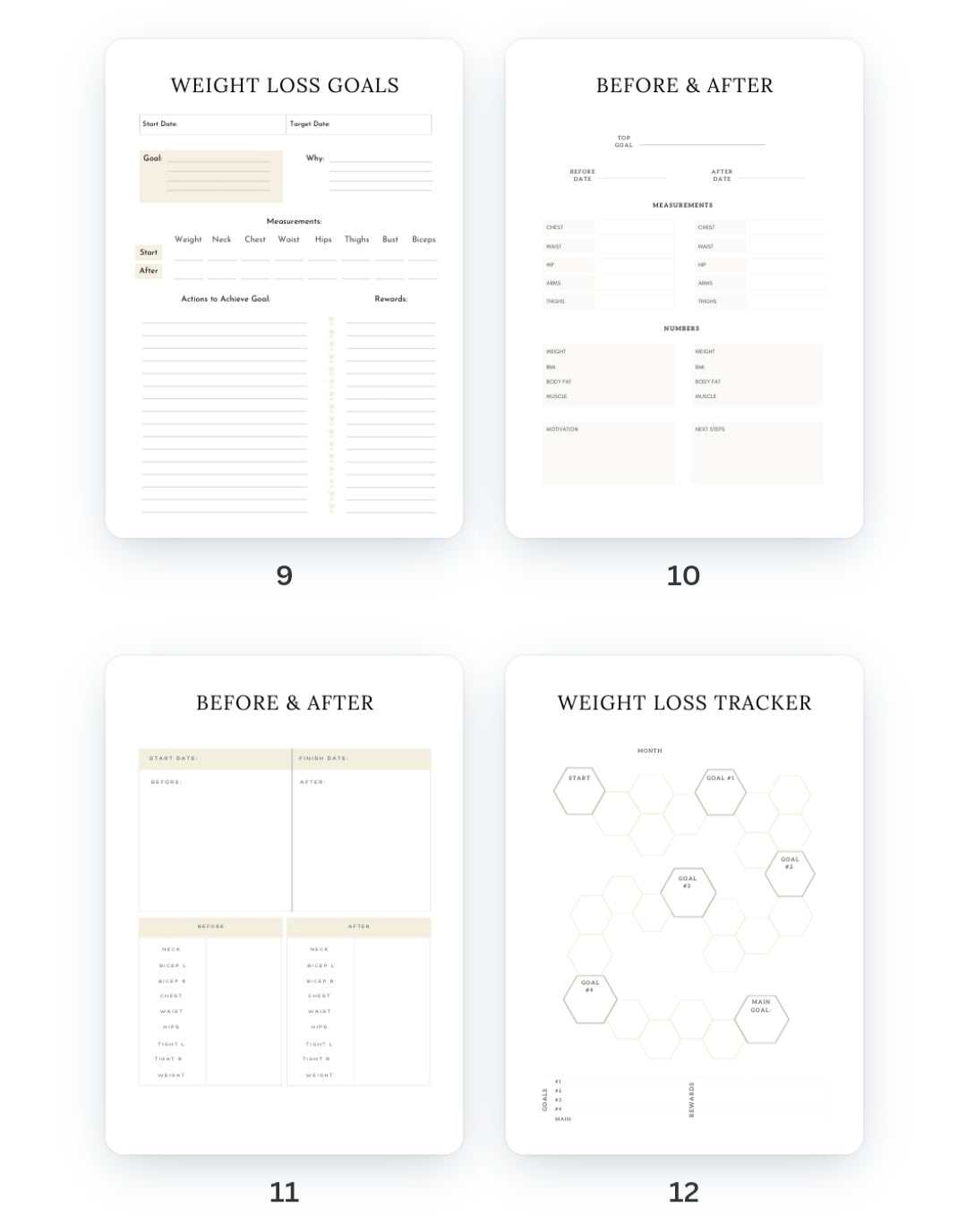 Weight Loss Journal pages showcasing goals, progress tracking, and before-and-after documentation.