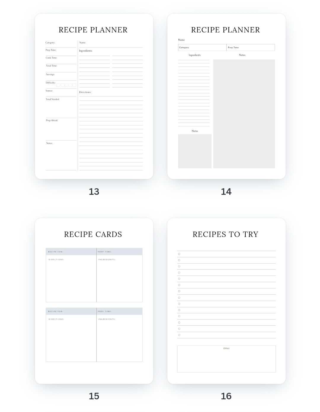 Meal Planner & Tracker pages featuring a recipe planner, recipe cards, and a list for recipes to try.