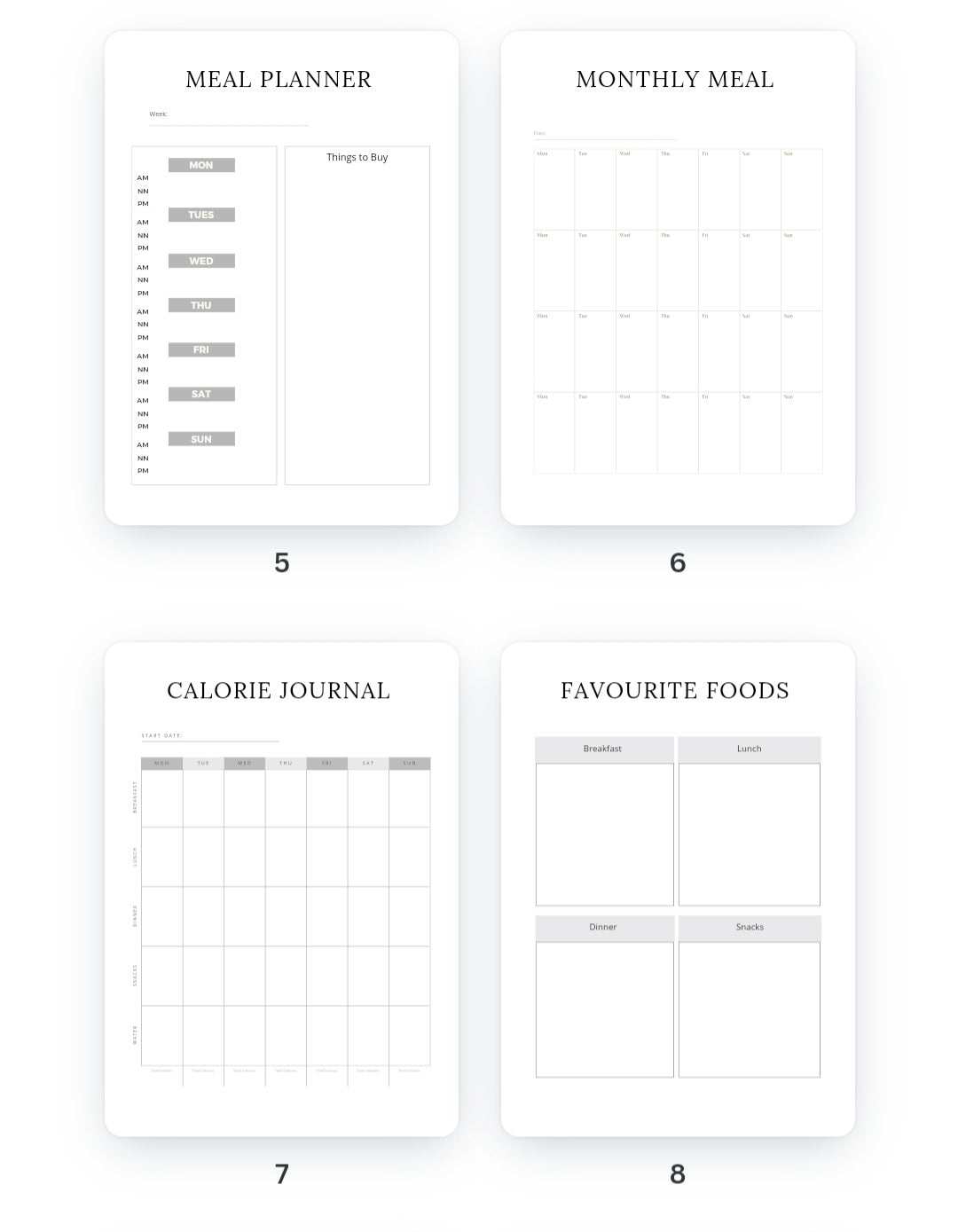 Meal planner, monthly meal, calorie journal, and favorite foods pages from a 25-page Meal Planner & Tracker journal.