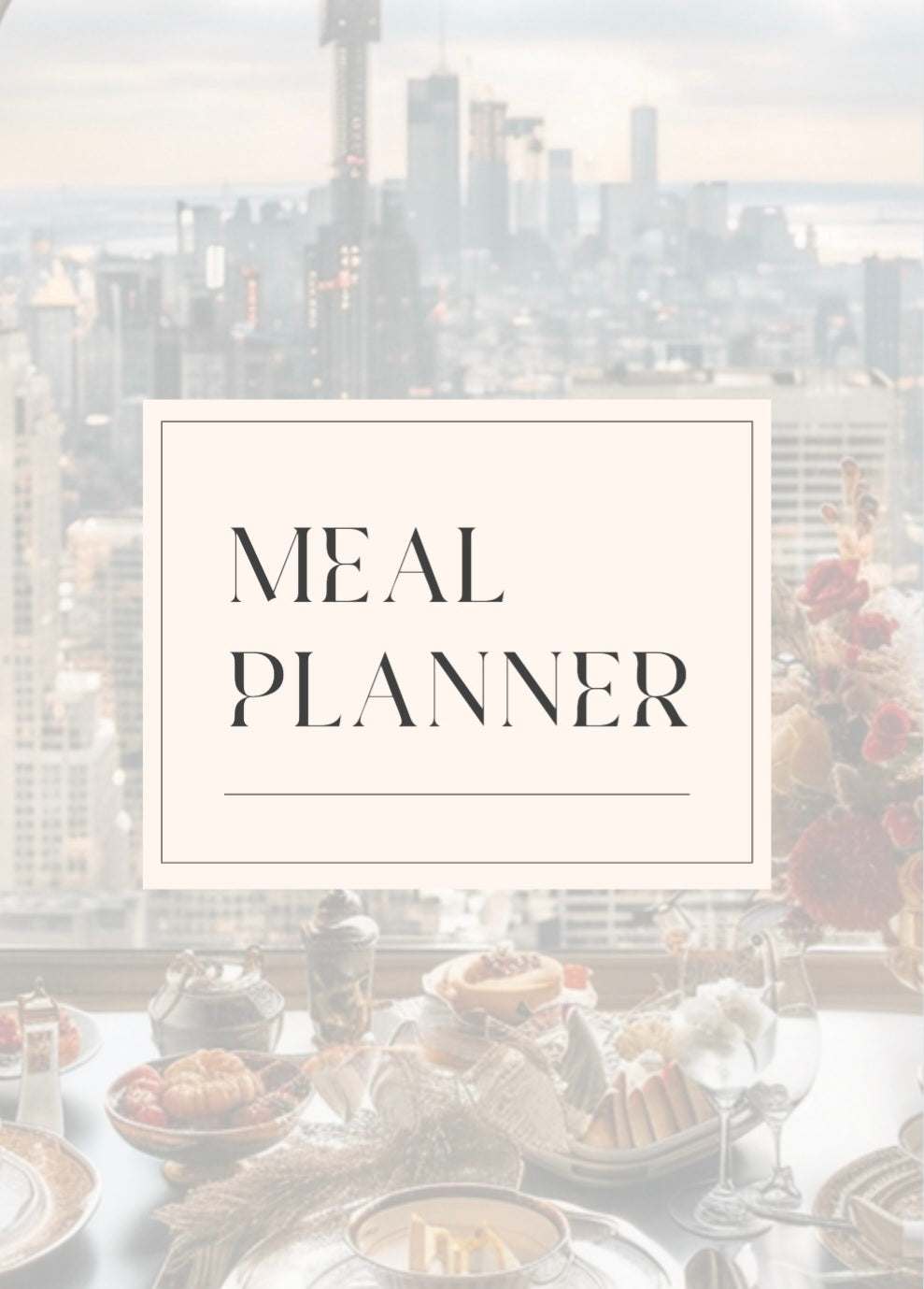 Meal Planner & Tracker cover with cityscape background.