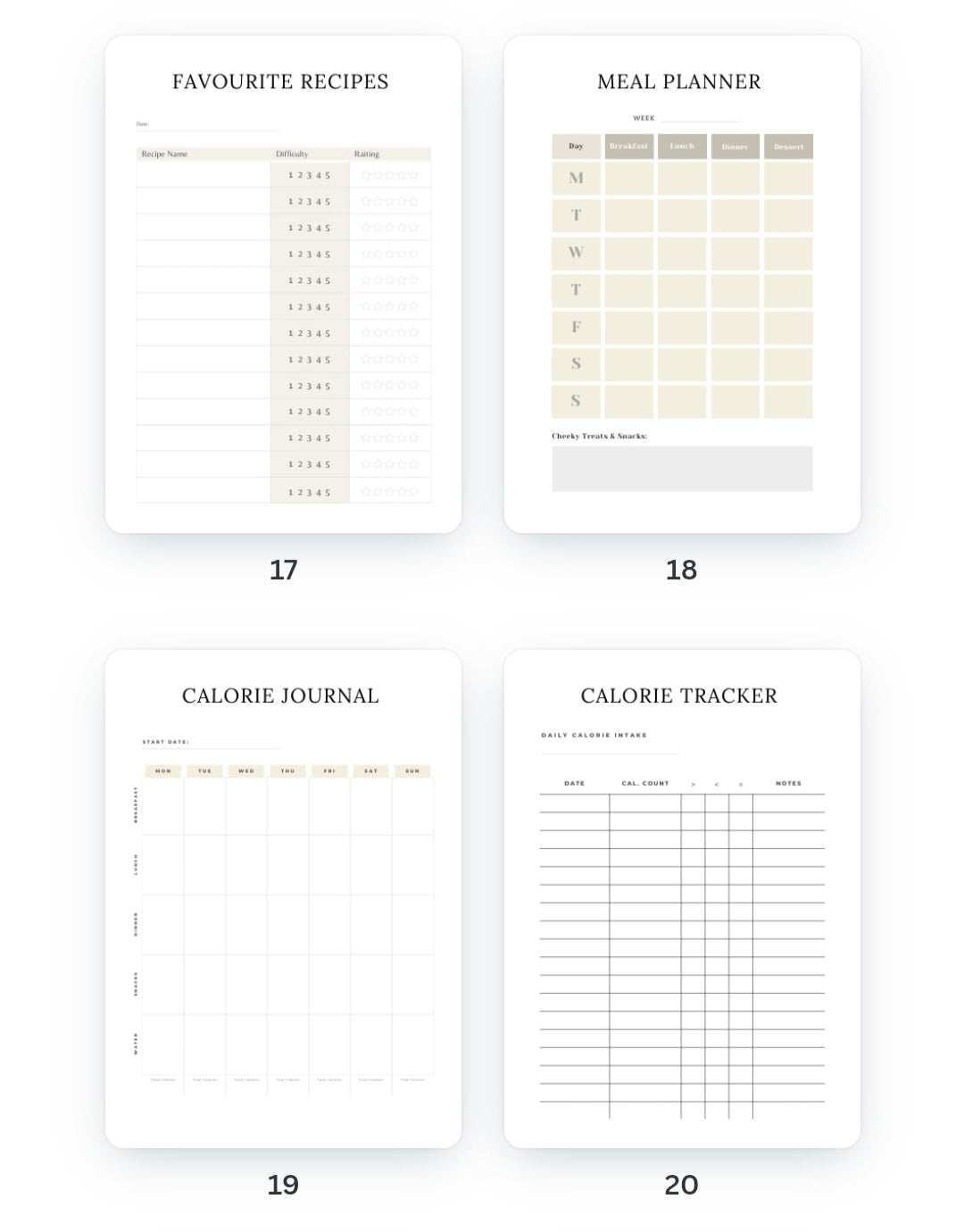 Weight Loss Journal pages including meal planner, calorie tracker, and recipe list.