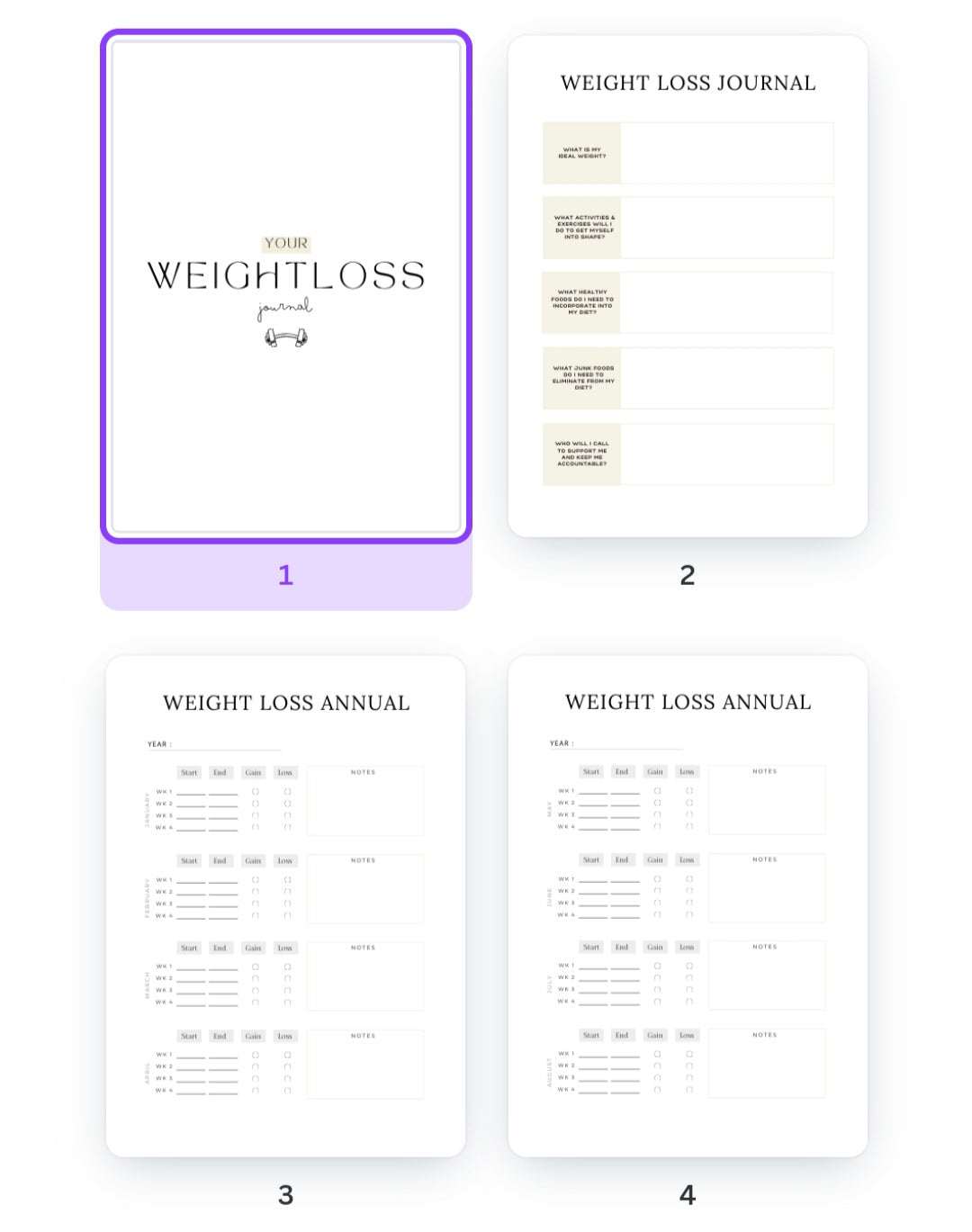 Weight Loss Journal with trackers, measurement documentation, and goal setting features.