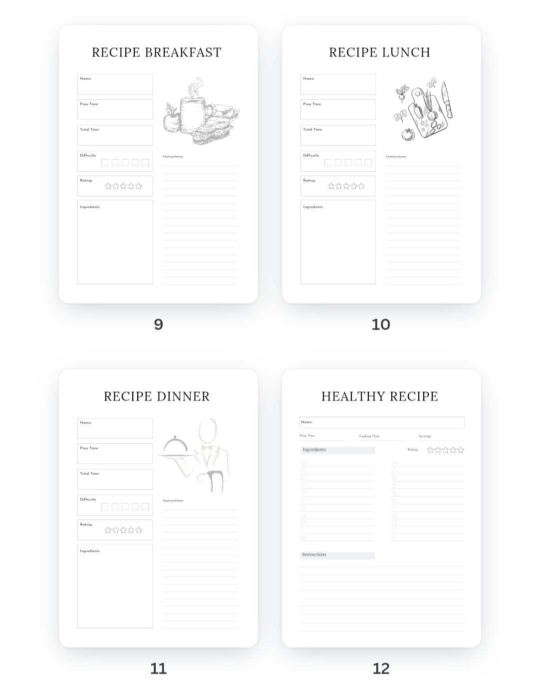 Meal Planner & Tracker pages for breakfast, lunch, dinner, and healthy recipes.