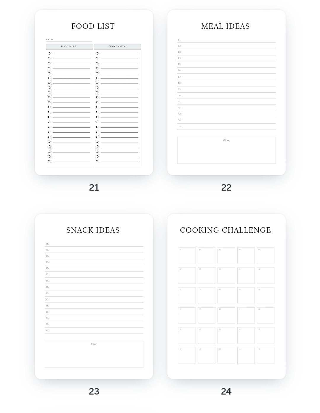 Meal Planner & Tracker journal pages: food list, meal ideas, snack ideas, cooking challenge.